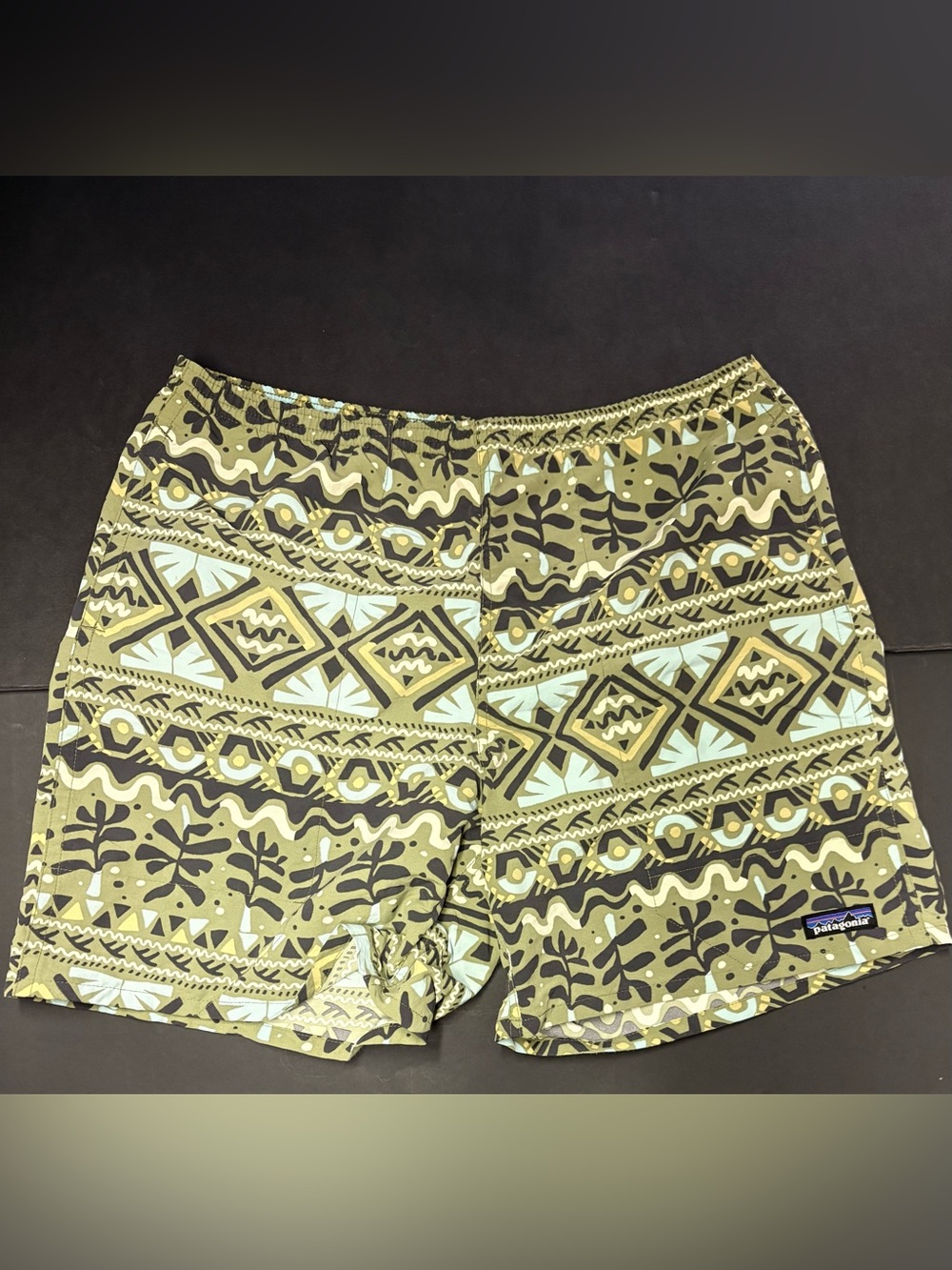 Patagonia Olive, Light Blue & Yellow Geometric-Print men’s swim Shorts